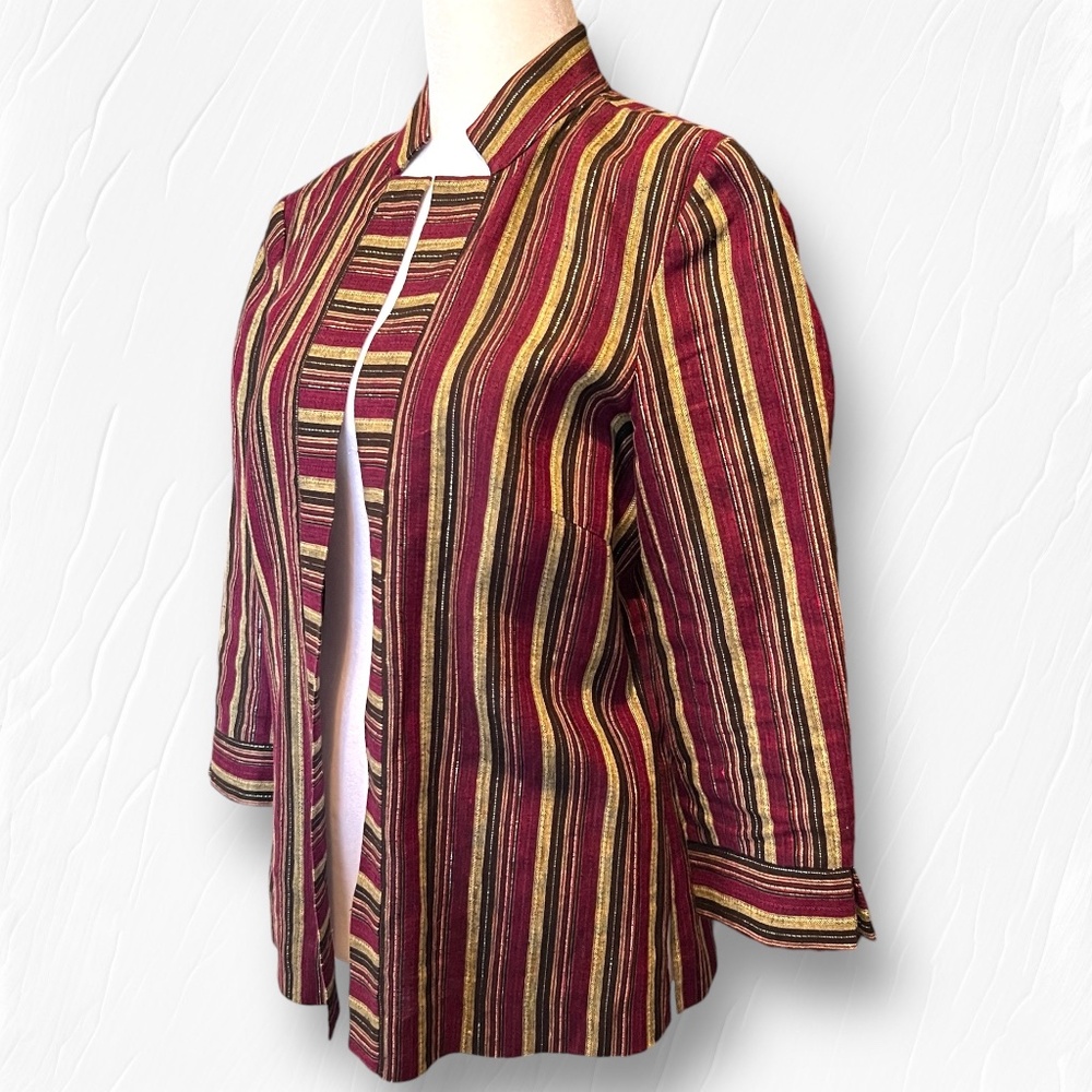 Peck & Peck Unlined Linen Open Front Jacket 3/4 Sleeve Gold Thread Accent Sz 6P